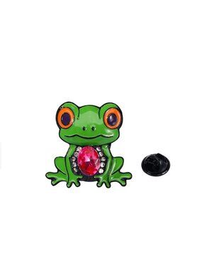 Green Enamel Frog Lapel Pin with Pink Rhinestone Belly